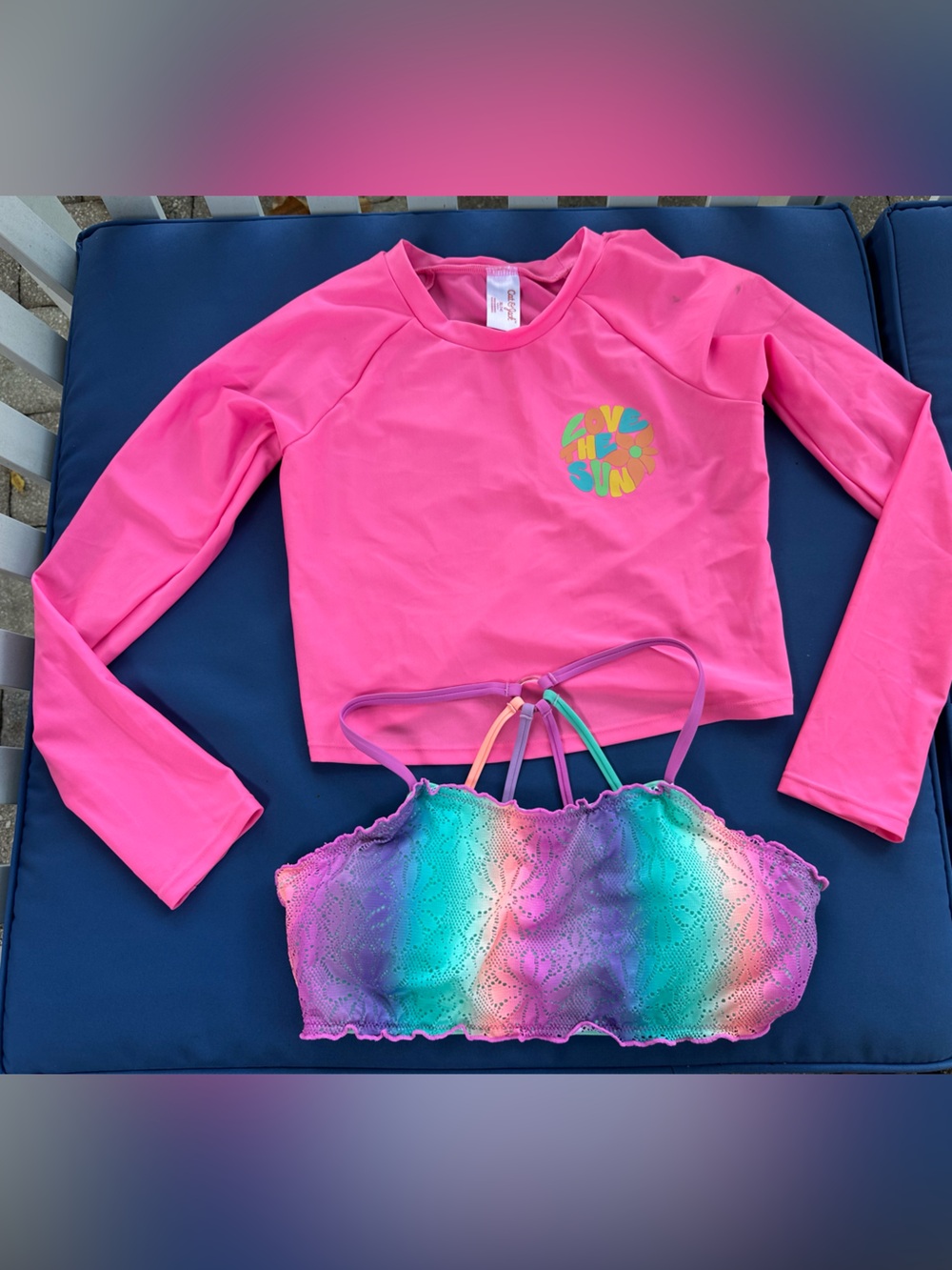 Girls Hot Pink Long-Sleeve Rashguard Swim Top with Rainbow Bikini Top